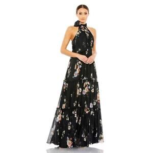 Ieena Mac Duggal Floral Print Ruched Tiered High Neck Bow Gown Size 6 NWT
